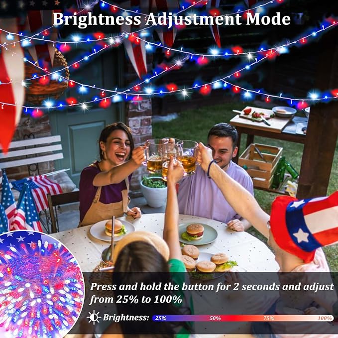 200 LED Connectable String Lights, 66FT American Flag Lights Outdoor Indoor | Red Blue and White, 13 Modes, Timer, Clear Wire Waterproof Twinkle Fairy Lights Plug in for 4th of July, Memorial Day Decor