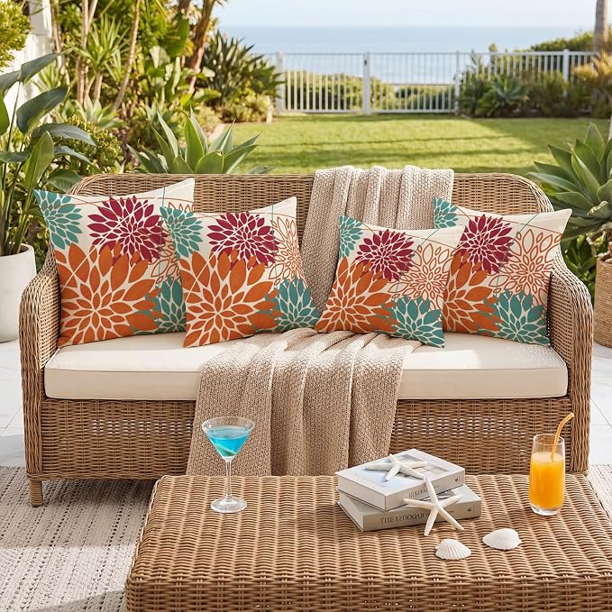 OTOSTAR Outdoor Orange Red Pillow Covers 20x20 Inch Set of 2 Cyan Flower Throw Pillows Farmhouse Geometric Dahlia Floral Square Cushion Case Waterproof Decor for Sofa Patio Funiture Garden