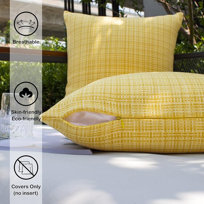 Kevin Textile Outdoor Waterproof 20x20 Inch Pillow Covers 2 Pack, Yellow | Water Resistant, Faux Linen Yarn-dyed, Woven Texture Throw Pillow Covers for Tent Patio Garden Couch Sofa