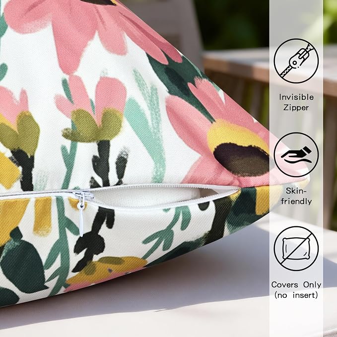 Floral Waterproof Outdoor Throw Pillow Covers 18x18 Inch Set of 2 | Pink Floral Pillow Cover, Summer Outdoor Decor Cushion Cases for Garden Patio Balcony Funiture Porch Couch Sofa