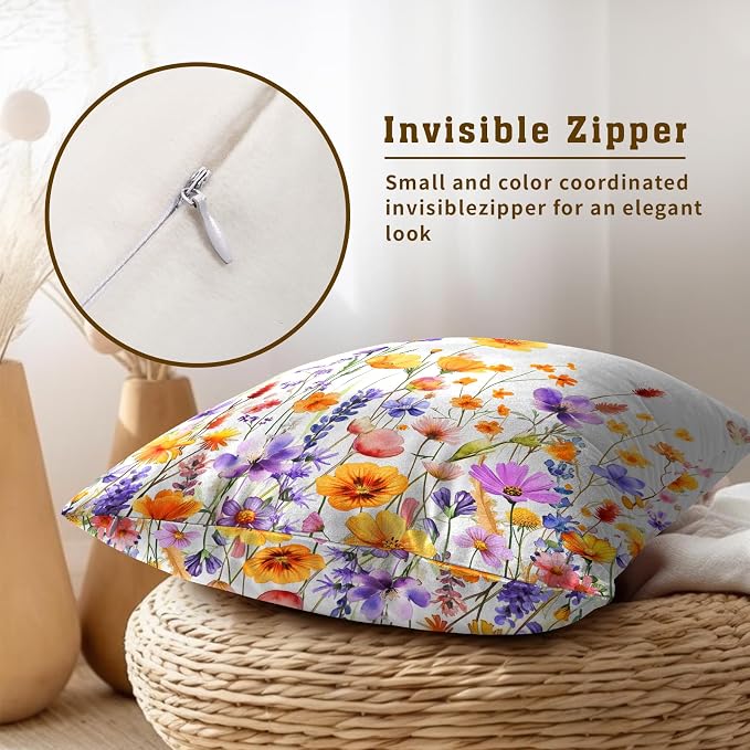 Colorful Wildflowers Pillow Covers 18x18 Inch, Set of 2 Yellow Purple Watercolor Floral Botanical Square Soft Cotton Pillowcases for Couch Bed Sofa Porch Patio Outdoor Home Decor