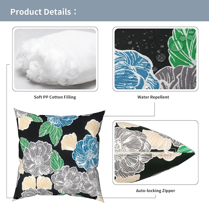 Outdoor Pillows with Insert 20x20 Inch, Waterproof Throw Pillow for Patio Furniture, Decorative Back Cushion for Garden Home Sofa Office Chair, Set of 2, Peony Garden