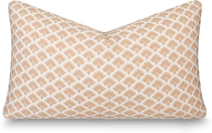 Modern Farmhouse California Casual Indoor Outdoor Lumbar Pillow Cover, 12"x20" Water Repellent for Patio, Backyard, Couch, Poolside, Ivory Cream Tan Print Ravenala Palm Tree