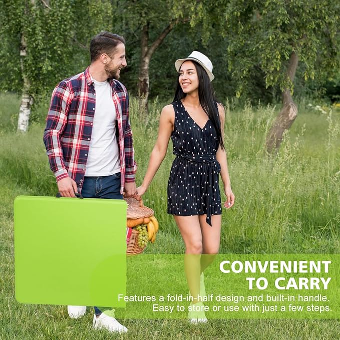 Anwick 4 Foot Folding Table Portable Fold-in-Half Plastic Picnic Table w/Handle and Steel Legs for Indoor, Outdoor, Camping, Party, Garden (Green, 4ft)