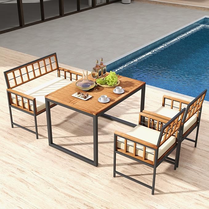 HAPPYGRILL 4 Pieces Wood Patio Dining Set with 1 Table, 1 Loveseat and 2 Armchairs, Outdoor Table and Chairs with 1.96" Umbrella Hole and Comfortable Cushions for Backyard, Deck and Poolside
