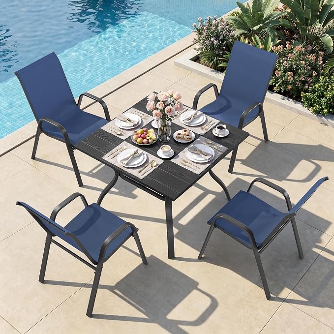 Outdoor Patio Dining Set for 4, 5 Pieces Patio Table and Chairs Set with Umbrella Hole, 37.8"x 37.8" Square Metal Wood-Grain Dining Table Set with 4 Stackable Patio Chairs for Deck , Backyard, Porch
