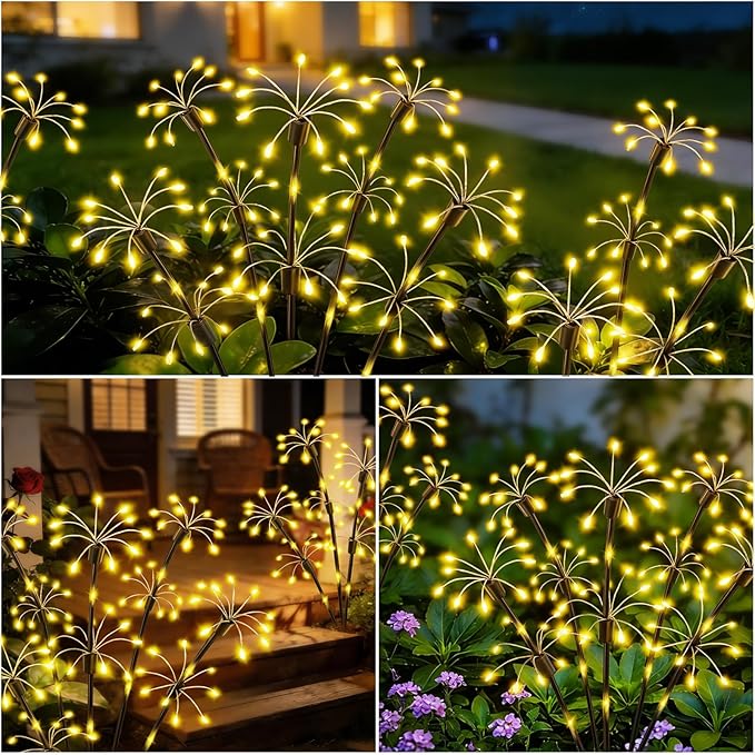 Solar Garden Lights Outdoor, 2 Pack 2-Layer Swaying Fairy Firework Lights | Waterproof Starburst Flower Light, Garden Decor for Yard Patio Pathway Lawn, Gardening Gifts for Women Mom Grandma Christmas