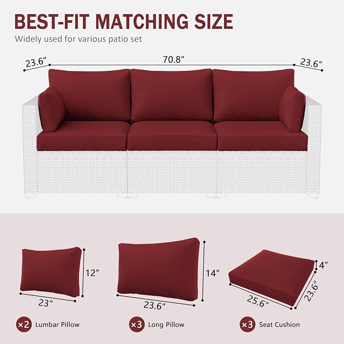 Outdoor Furniture Replacement Cushions, Waterproof Patio Furniture Cushions, 4" Deep Seat Outdoor Sectional Cushion for 3-Seat Outdoors Rattan Sofa Patio Sofa Cushion, Burgundy