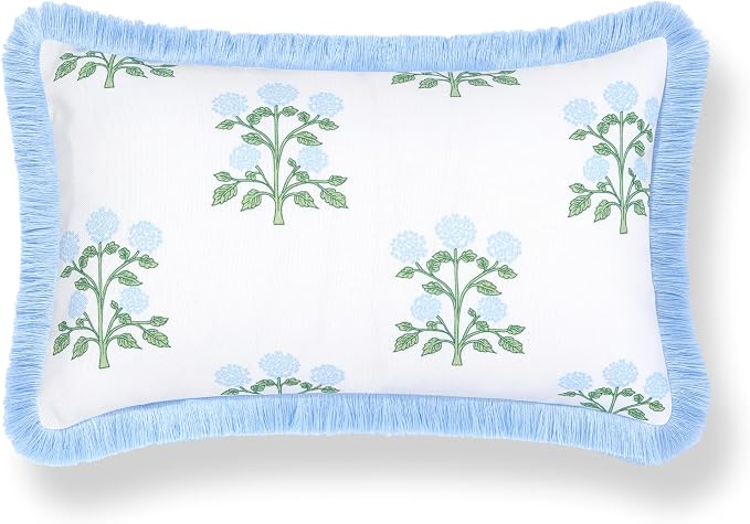 Hofdeco Premium Grandmillennial Coastal Hampton Patio Indoor Outdoor Lumbar Pillow Cover Only, 12"x20" Water Repellent for Backyard, Couch, Poolside, Baby Blue Green Print Hydrangea Flowers