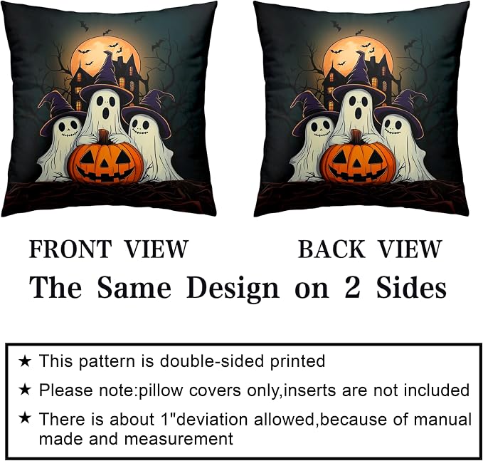 Set of 2 Halloween Pillow Covers 16x16 Ghost Throw Pillow Covers Full Moon Night Castle Bat Pillow Case Jack-O-Lantern Cushion Case for Holiday Party Decor Couch Sofa
