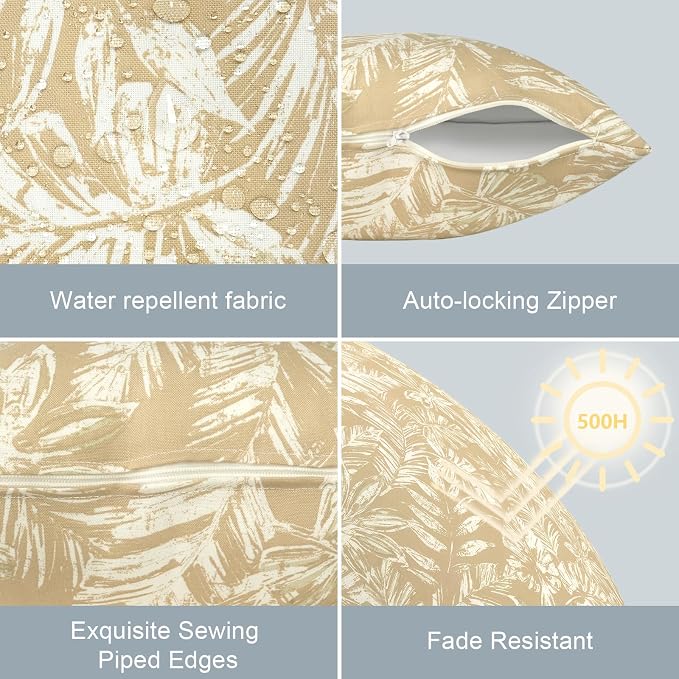 LVTXIII Outdoor Lumbar Pillow Covers Only Set of 2 Patio Decorative Pillow Cases, Water Repellent Lumbar Cushion Cases for Sofa, Patio Couch Garden Use, 12x20 Inch, Tropical Leaf Oat