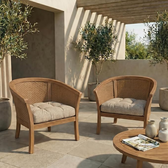 RSH DECOR: Sunbrella Tufted Wicker U-Shape Cushions Set of 2 | 22” x 22” | Outdoor Seat Cushions for Patio Furniture| Crafted with Performance Fabric | Made in USA (Soft Cloud Chenille Burlap)