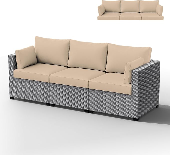Outdoor Furniture Replacement Cushions, Waterproof Patio Furniture Cushions, 4" Deep Seat Outdoor Sectional Cushion for 3-Seat Outdoors Rattan Sofa Patio Sofa Cushion, Sand