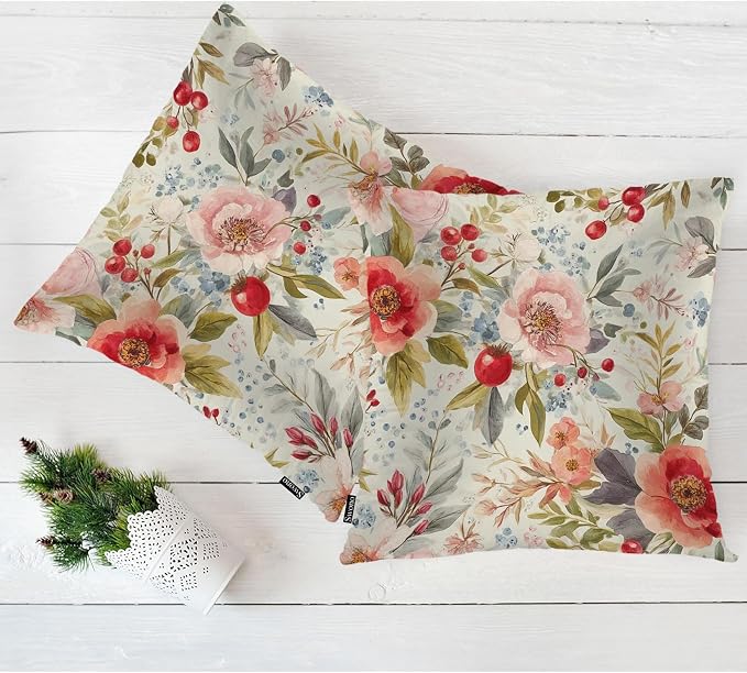 Swono Set of 2 Decorative Throw Pillow Covers Vintage Floral, Romantic Blossom Rose Flowers Farmhouse Pillowcases Accent Pillow Cushion Cover for Couch Sofa Bed Office Armchair 18 X 18 Inch