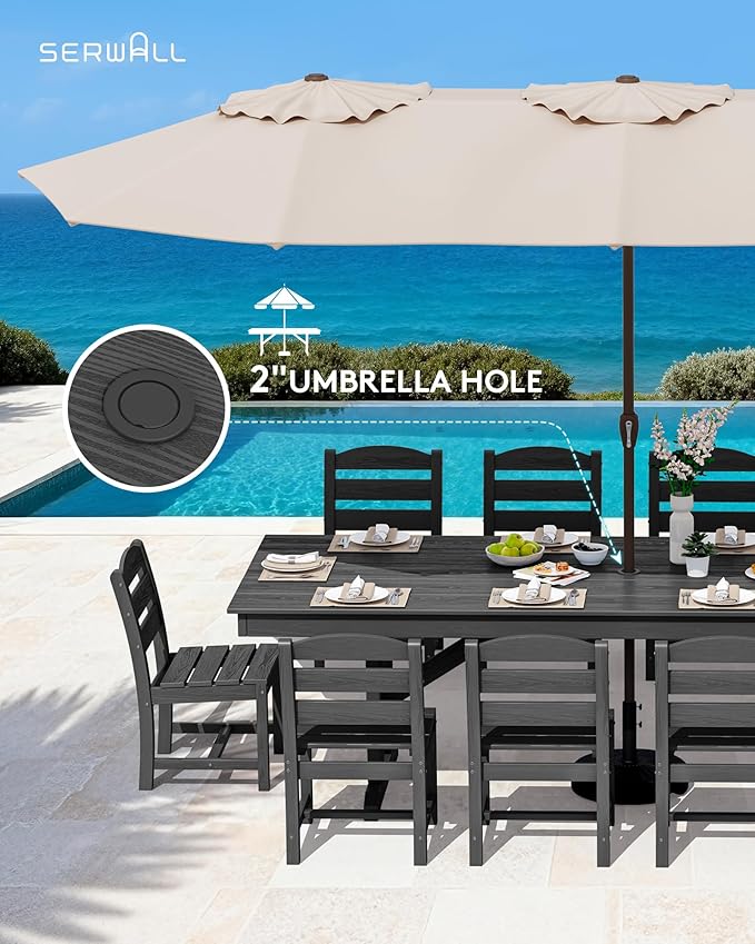 SERWALL 10 Piece Outdoor Dining Set with 15ft Triple-Head Foldable Umbrella(Based not Included), 84" HDPE Outdoor Table and Armless Chairs Set for 8, Black