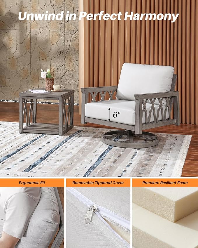 2-Piece Aluminum Outdoor Furniture Set, Swivel Patio Sofa Chair and Side Table Set, Outdoor Conversation Set with Cushions, Outside Patio Furniture Set for Garden, Balcony, Limed Oak