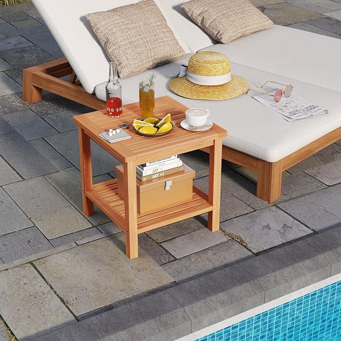 HAPPYGRILL Acacia Wood Outdoor Side Table, 2-Tier Indoor End Table with Spacious Tabletop and Slatted Storage Rack, Square Wood Table for Poolside, Living Room, Porch, Balcony and Garden (2)