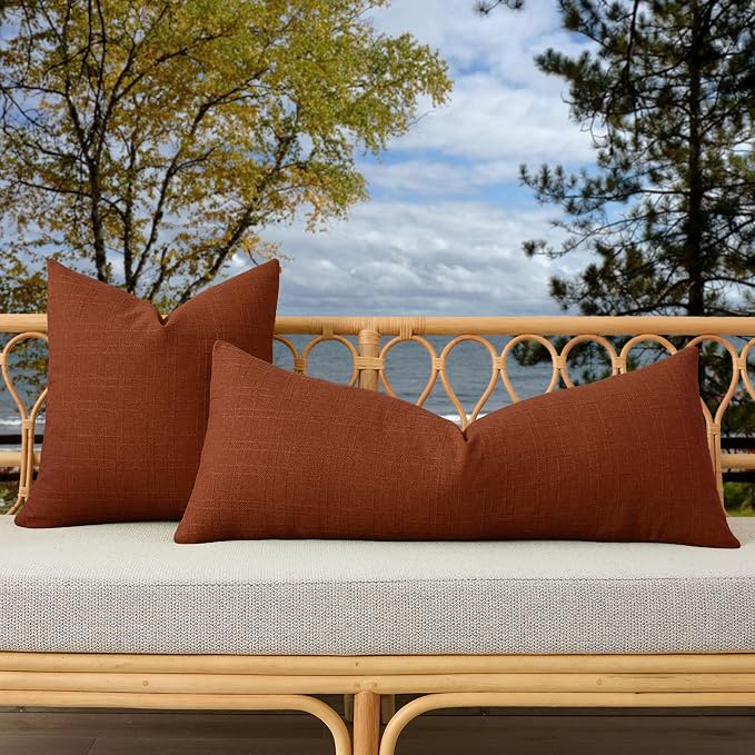 Kevin Textile Outdoor Waterproof 14”x36” Pillow Cover 1 Pack, Burnt Orange | Water Resistant, Soft Faux Linen-cotton Yarn-dyed Woven Texture Throw Pillow Covers for Tent Patio Garden Couch Sofa