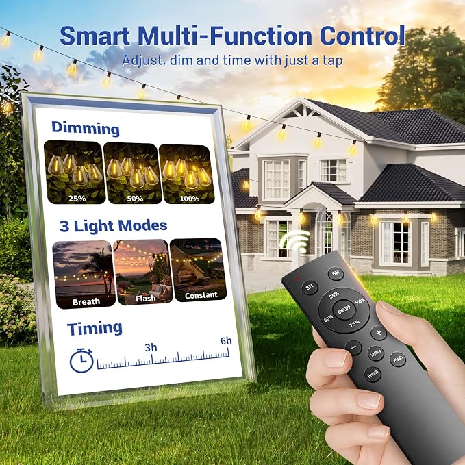 150FT Outdoor String Lights with Remote & Dimmable, 55+2 Shatterproof Waterproof Bulbs, Dimmable Outside Hanging Patio Lights for Backyard, Porch, Deck, Garden 2200K Warm White