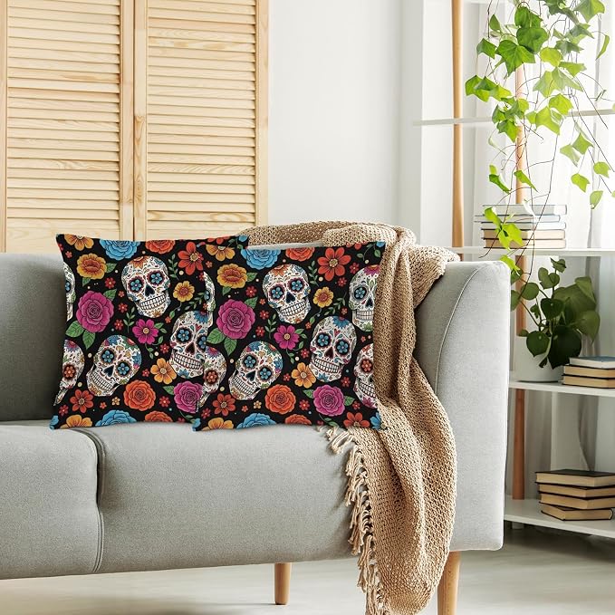 Swono Day of The Dead Throw Pillow Covers, Mexican Sugar Skulls Flowers Skeleton Set of 2 Pillow Cases Decorative 18 X 18 Inches Soft Cushion Cover Pillowcases for Bedroom Living Room Cushion Sofa