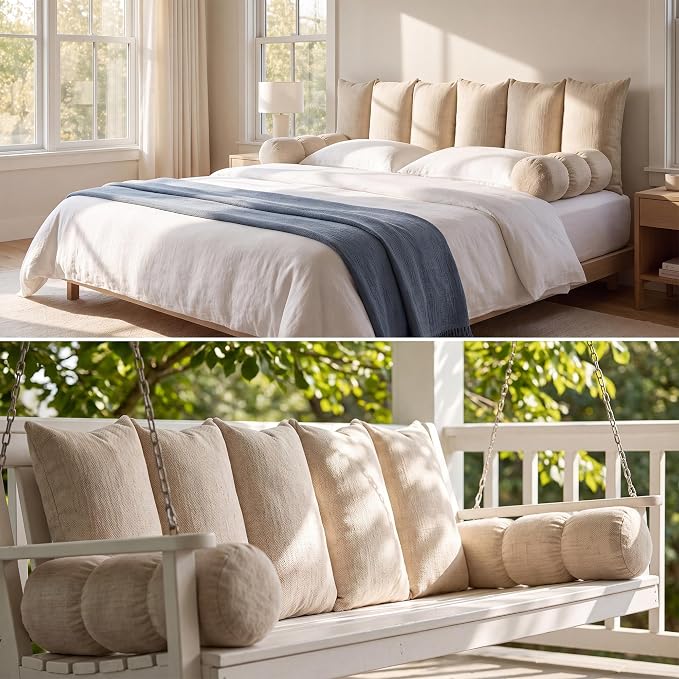 4 PCS Porch Swing Cushion Set with Removable Cover | Shredded Foam Filled Daybed Cushion. Soft Supportive Hanging Chair Cushion Replacement for Porch, Garden, Bedroom, Beige