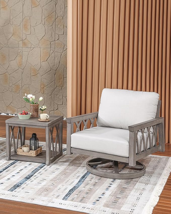 2-Piece Aluminum Outdoor Furniture Set, Swivel Patio Sofa Chair and Side Table Set, Outdoor Conversation Set with Cushions, Outside Patio Furniture Set for Garden, Balcony, Limed Oak