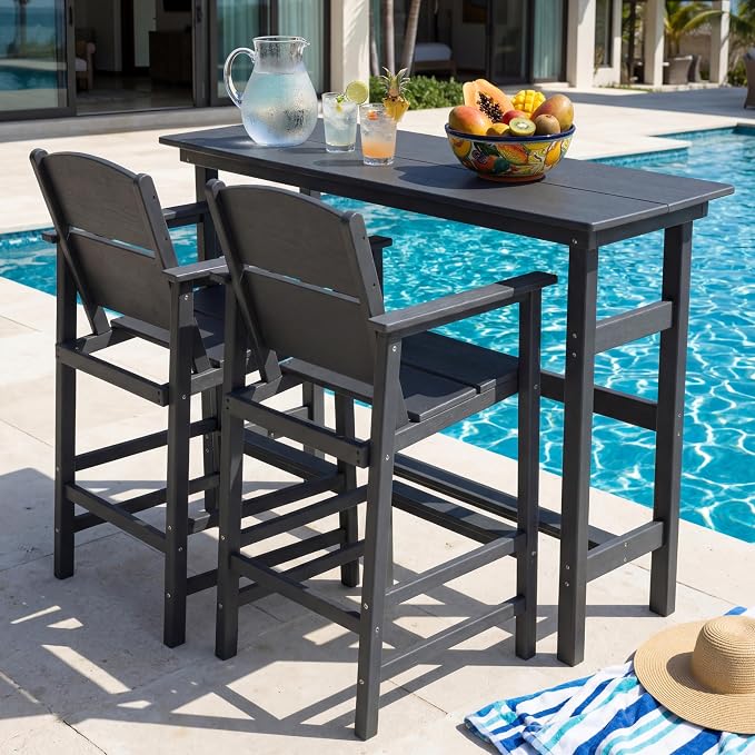 Outdoor Bar Table Set 3 Piece, HDPE Patio Bar Height Furniture Set with 2 Chairs, Small Space Patio Furniture, Weather Resistant Balcony Bistro Set for Garden, Deck, Porch, Premium Grey