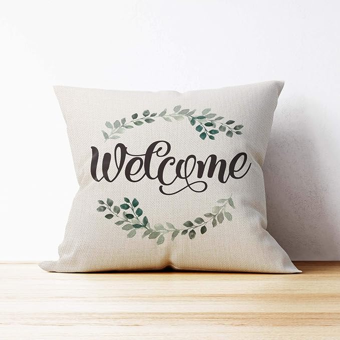 Mancheng-zi Welcome Pillow Covers 18x18 - Porch Decor, Outdoor Pillows for Patio Furniture (White)