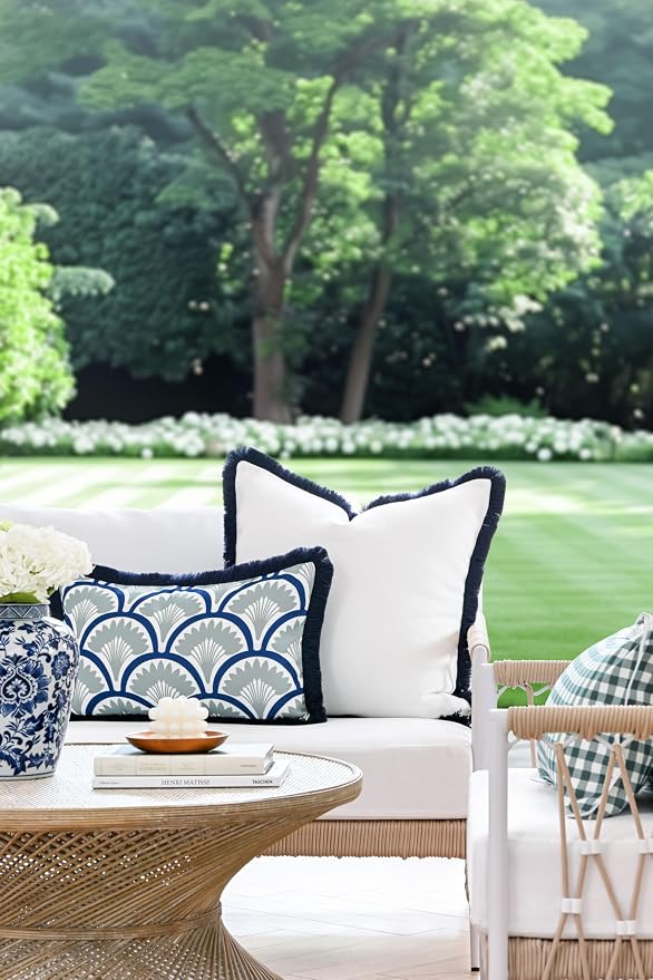 Hofdeco Premium Coastal Grandmillennial Patio Indoor Outdoor Throw Pillow Cover Only, 22"x22" Water Repellent for Backyard, Couch, Poolside, White Navy Blue Solid