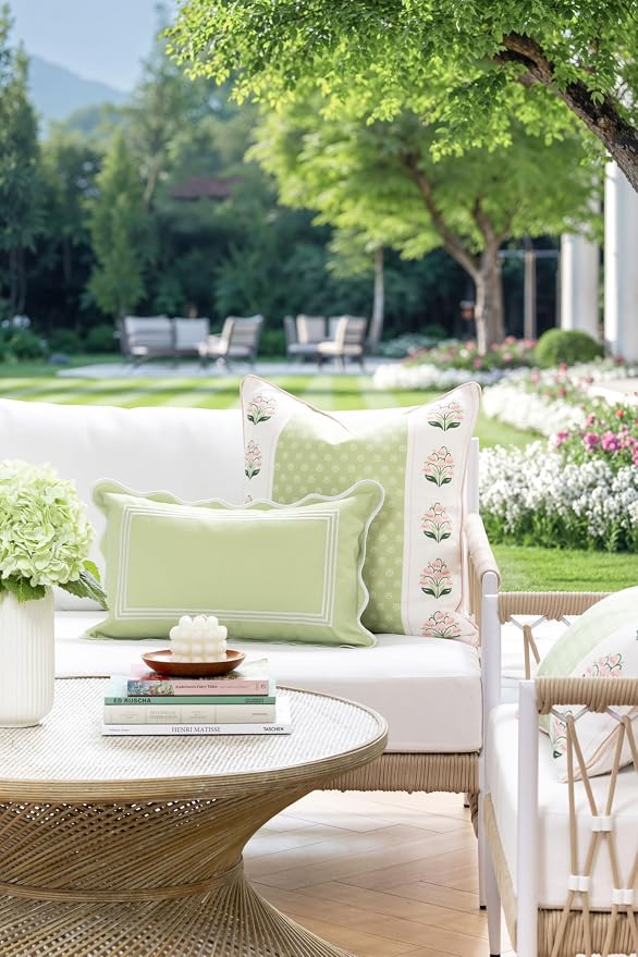 Hofdeco Premium Grandmillennial Patio Indoor Outdoor Throw Pillow Cover Only, 20"x20" Water Repellent for Backyard, Couch, Poolside, Grass Green Pink Print Block Print Striped Lily of the Valley