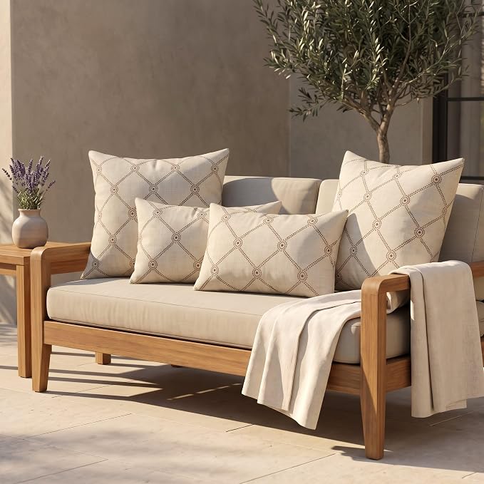 RSH DECOR: Sunbrella Lumbar & Square Pillows Set of 4 | 20" x 12" & 20" x 20" | Water and Fade-Resistant Performance Fabric | Outdoor Throw Pillows for Patio Furniture | Made in USA (Arabia)