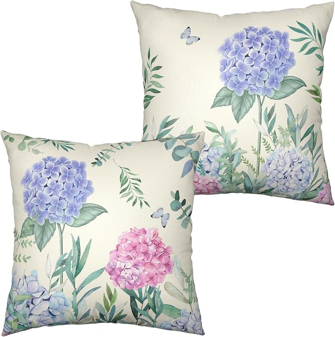 Watercolor Sping Flower Throw Pillow Covers Set of 2 Blue and Pink Hydrangea Pillow Case 24x24 Summer Floral Butterfly Cushion Case for Indoor Outdoor Patio Car