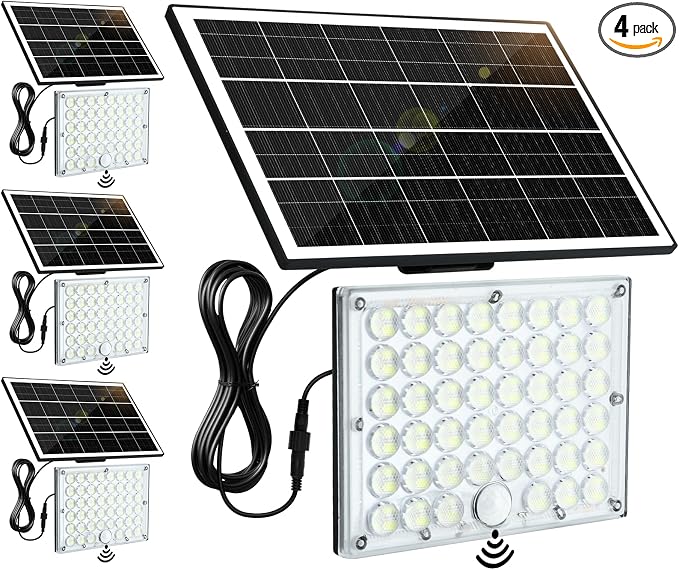 4Pack Solar Motion Lights Outdoor,3600LM Bright 184 LEDs Larger Solar Panel Security Lights 3600mAh Battery,3 Modes Flood Lights Outside 6500K IP65 Waterproof for Yard,Garage,Patio,16.4ft Cord