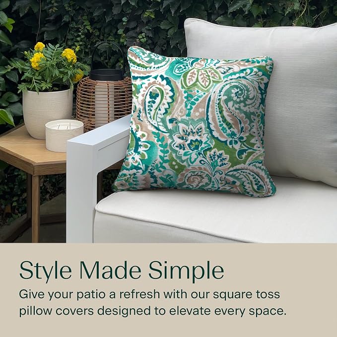 Honeycomb Outdoor Square Toss Pillow Covers, 18 x 18, 2-Pack | Geneva Paisley Turquoise Slipcovers, Water & Fade Resistant for Patio Furniture Set, Cover Only, No Insert