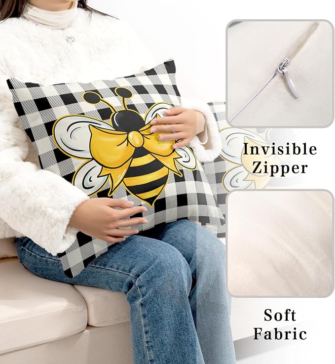 Cute Honey Bee Throw Pillows Case 24x24 Pack of 2 Buffalo Plaid Pillow Cover Spring Summer Pillows for Couch Cotton Blend Soft Touch Home Decor for Living Room Sofa