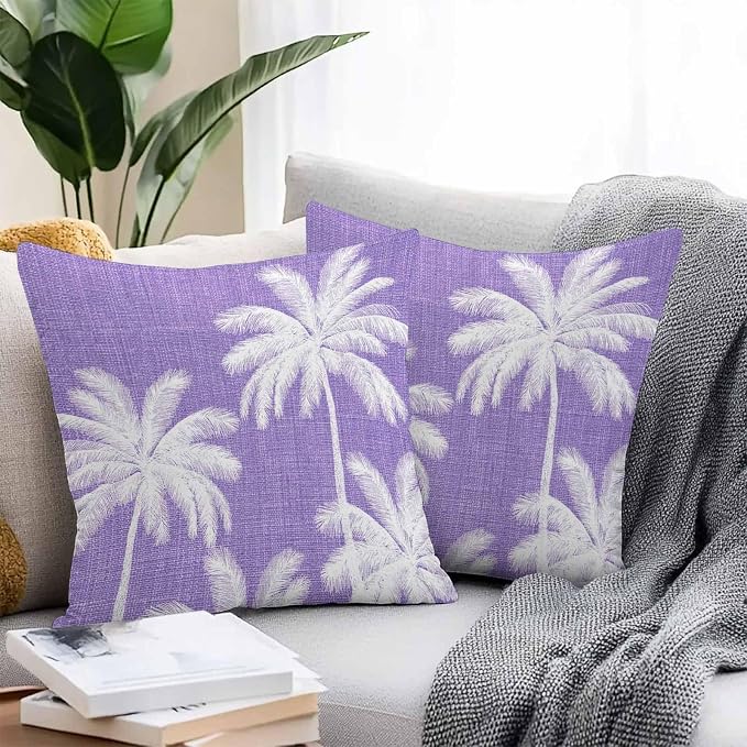 Outdoor Pillow Covers 18x18 Inch Set of 2, Purple Palm Trees Waterproof Throw Pillow Covers, Farmhouse Tropical Summer Beach Decorative Cushion Pillowcases for Couch, Sofa, Bed, Garden, Patio