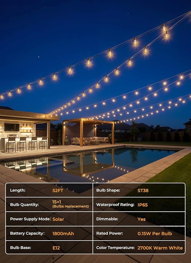 Brightown 52FT Solar String Lights Outdoor Waterproof, 26Hrs Runtime | 15+1 LED Bulbs, USB & Solar Powered, Remote Control & Dimmable Timer, Ideal for Backyard, Garden, Camping & Party Decor