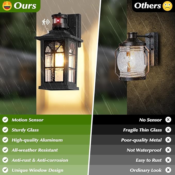 Motion Sensor Outdoor Wall Light Fixture, Dusk to Dawn Porch Light | Auto ON/OFF, 3 Lighting Modes, Waterproof, Rust-Resistant, Aluminum Frame & Sturdy Glass, Easy to Install