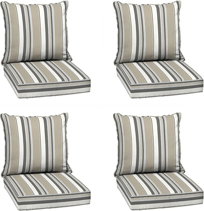 Arden Outdoor Deep Seat Cushion Set, earthFIBER, 24x24, Taupe Grey Stripe | 4-Pack, Outdoor Sofa, Couch, Conversation Set, Weather-Proof, Rain-Proof, Fade Resistant for Chair, Mold and Mildew Resistant
