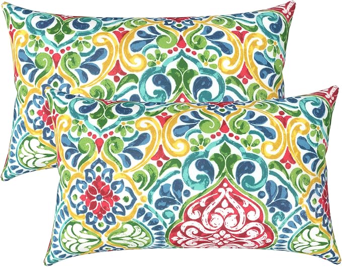 LVTXIII Outdoor Lumbar Pillow Covers Only Set of 2 Patio Decorative Pillow Cases, Water Repellent Lumbar Cushion Cases for Sofa, Patio Couch Garden Use, 12x20 Inch, Damask Red