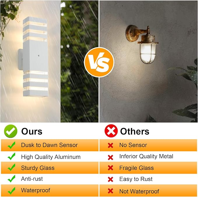Dusk to Dawn Outdoor Wall Lights 2 Pack, White Front Porch Light Fixture, Anti-Rust Black LED Up and Down Outdoor Lights for House Hallway Garage Entryway