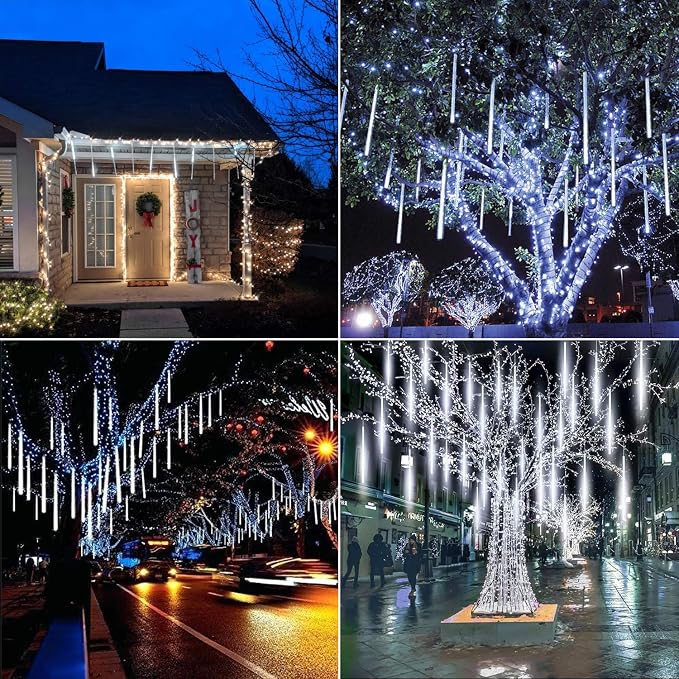 Meteor Shower Lights Outdoor, 11.8 Inches 8 Tubes 192 LED Snowfall Lights, Waterproof Meteor Christmas Light, Hanging Falling Rain Light for Tree Bushes Holiday Party Christmas Decoration, White