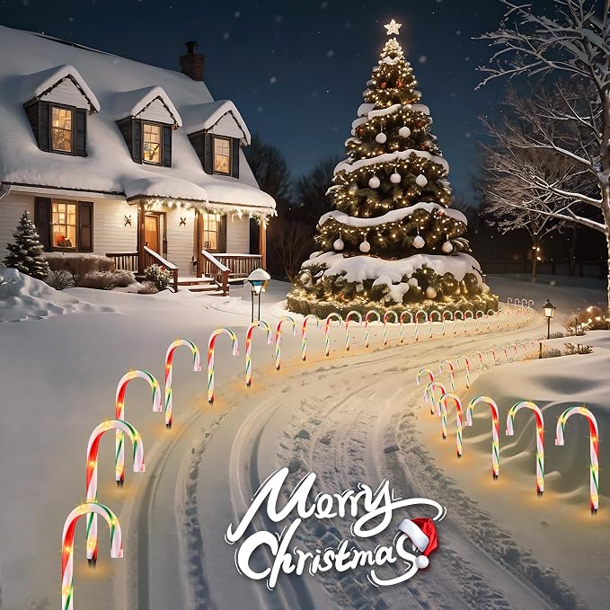 VCOKEN 10'' Christmas Candy Cane Lights Outdoor Pathway, Set of 10 Christmas Candy Cane Markers Waterproof, Light Up Xmas Decoration with Stakes for Holiday Party Yard Art Indoor Outdoor