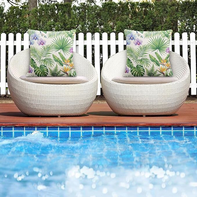 Throw Pillow Covers, Tropical Floral, 18 x 18 Inch, Set of 2 | Botanical Hawaiian Outdoor Waterproof Pillowcase Square Cushion Case Farmhouse Garden Decorative for Couch Beach Patio
