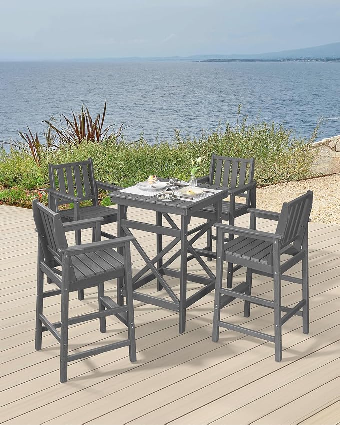 5 Pieces Adirondack Bar Chairs Set, HDPE Patio Bar Height Table and Chairs, Tall Adirondack Outdoor Bar Stools Set, HDPE Patio Bar Table Sets Furniture for Balcony, Garden, Pool, Smoke Gray