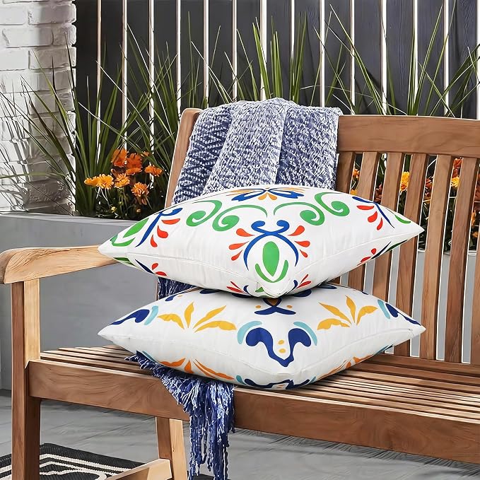 Merrycolor Summer Outdoor Waterproof Throw Pillow Covers 18x18Inch Set of 4 Boho Farmhouse Decorative Pillowcases Print Flowers Accent Cushion Covers for Couch Patio Swing and Garden Sofa Blue Green