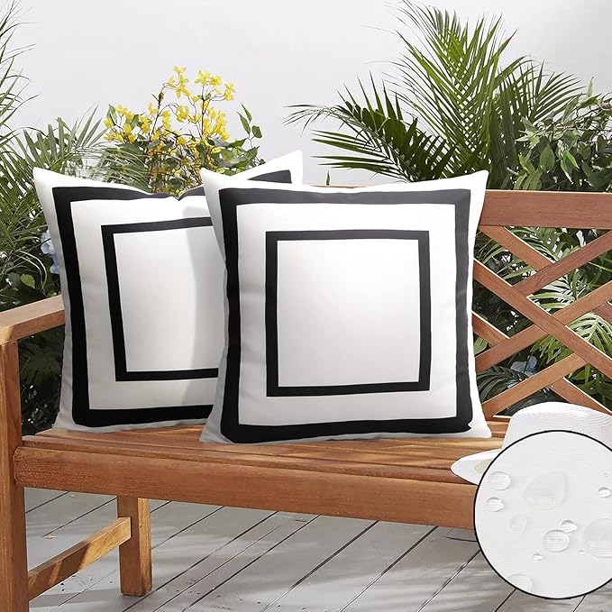 Pyonic Outdoor Waterproof Throw Pillow Covers Geometric Pillowcases Black and White Pillow Covers for Patio Garden Set of 2, 18 X 18 Inches