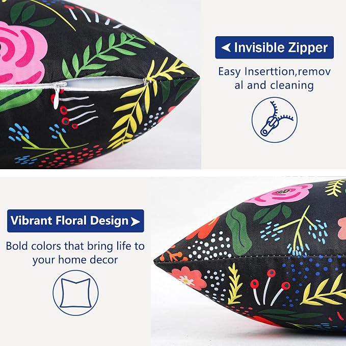 Pyonic Waterproof Outdoor Pillow Covers 18x18 Set of 2, Colorful Floral Decorative Cushion Covers for Patio Furniture, Garden, Balcony,Sunbrella， Boho Nordic Outdoor Indoor Home Decor,Black