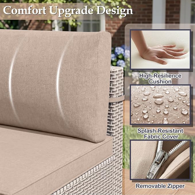 Patio Furniture Set, 10-Piece Outdoor Sectional Sofa with Swivel Rocker Chairs & 2-Layer Glass Coffee Table, Wicker Patio Conversation Set with Khaki Cushions