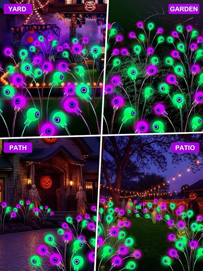 6 Pack Solar Halloween Decorations Outdoor 36 LED Solar Eyeball Lights | Purple and Green Halloween Lights, Sway by Wind, IP65 Waterproof, 2 Modes, for Pathway Garden Yard Lawn Horror Party Decor